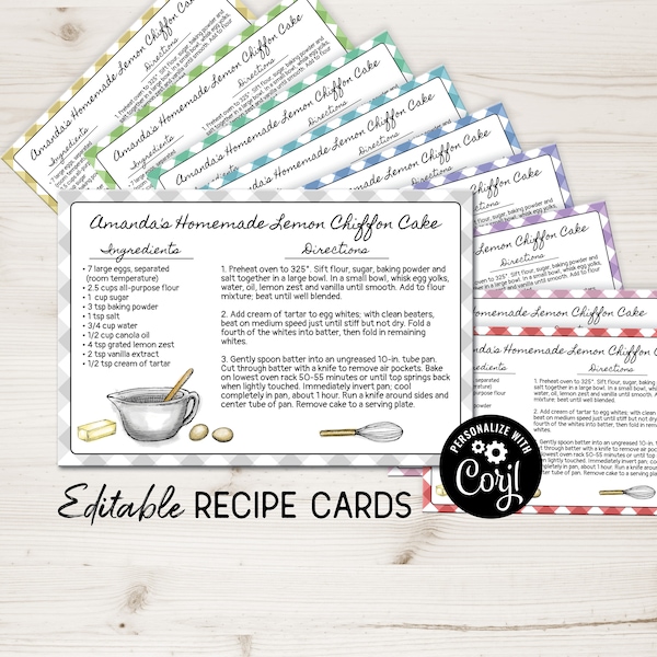 Recipe Card Template 4x6, Printable Recipe Cards for Baking, Bake Sales, Candy Making, Cookie Exchange. DIY Editable Blank Recipe Cards.