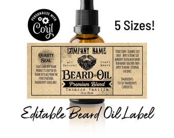 Beard Oil Bottle Label Template. Customize w/ Corjl Online. Download & Print. Editable Printable Oil Bottle Label. Five Sizes Fit 1-2 Ounces