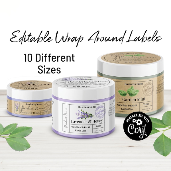 Wrap Around Product Labels. Editable Template - Garden Stamp. Labels for Jars, Tins, Candles, Bottles. Personalize Online, Download & Print.