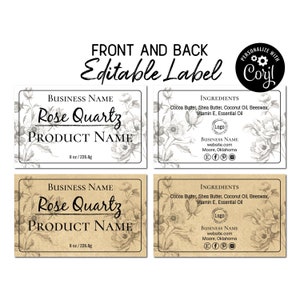 Labelsjabloon ingrediënten, productlabels voor- en achterkant. Online bewerken, downloaden, afdrukken. Ontwerp afdrukbaar label met gegraveerde bloemen voor potten, zeep