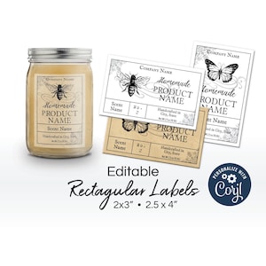 Plantilla editable de etiqueta de producto de boticario con diseño de abejas y mariposas. Envase con pegatinas para ceras derretidas, frascos y miel. Edición en línea, descarga e impresión.