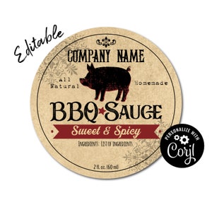 BBQ Sauce Label with Pig. Circle Template. Round Sticker Labels for Jars, Bottles, Homemade Sauce. Personalize Online then Download & Print.