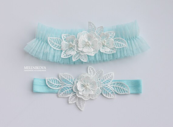 Something Blue Tulle Wedding Garter Set With Ivory Flowers | Etsy