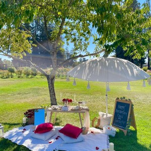 Pu&ograve; includere: Una romantica ambientazione da picnic sotto un albero con un ombrello bianco, un tavolo di legno con fiori rossi, una coperta bianca e un cartello di ardesia che dice "Buon anniversario David & Sandy".