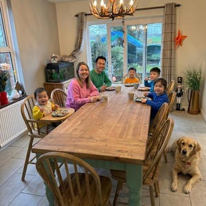 May include: A large rectangular wooden dining table with a natural wood grain top and sage green painted legs, surrounded by several wooden spindle-back chairs, including a high chair, with a golden retriever dog resting on the floor nearby.