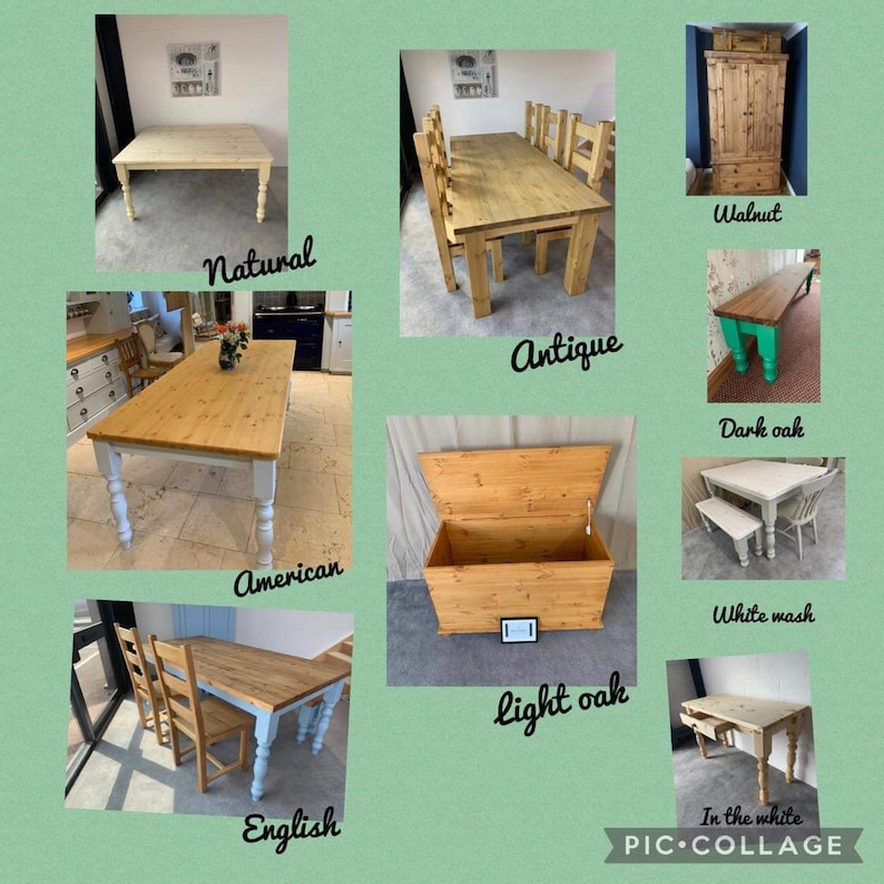 May include: Collage of different wood table styles and finishes, including natural, antique, walnut, dark oak, white wash, American, English, and light oak.  The image also includes a wooden storage chest.
