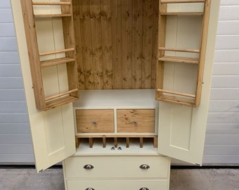105cm Slim Freestanding Solid Wood Kitchen Larder Cupboard, Hand Painted Pantry Storage Unit