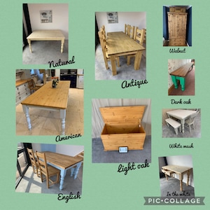 May include: Collage of different wood finishes for a table. The finishes include natural, antique, walnut, dark oak, white wash, light oak, and American.  The image also includes a wooden storage box.