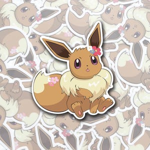 Eevee Sticker with Flowers - Anime Waterproof Vinyl Sticker image 1
