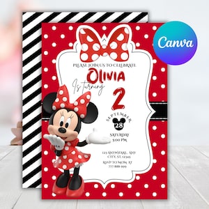 Puede incluir: Una tarjeta de invitación de cumpleaños roja con lunares blancos y un personaje de ratón con vestido y lazo de lunares rojos. El texto dice: Please join us to celebrate Olivia is turning 2, September 28, Saturday 5:00 PM, 123 Anyware, Any City, ST, 12345, RSVP to Mom at 777 888 999.