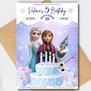 Puede incluir: Una invitación de cumpleaños con Elsa, Anna y Olaf de Frozen. La invitación incluye el texto "5º Cumpleaños de Valeria" con la fecha y hora. Una tarta azul de dos pisos con velas encendidas está en el centro.