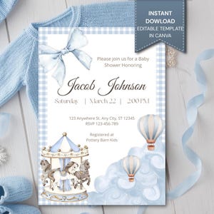 Modello di invito per baby shower a forma di giostra, modificabile in Canva, invito per baby shower vintage per bambino, invito per baby shower con mongolfiera