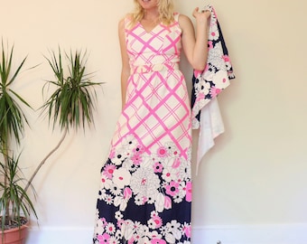 Vintage 1970s Flower Power Day Glo Maxi Dress with Shawl Floral Pink Purple White Hippie Small