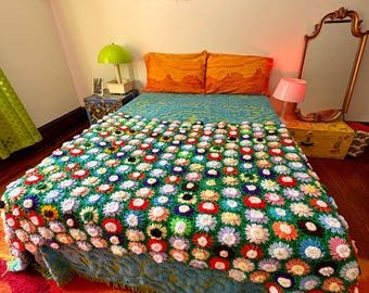 Vintage 1970s Colorful Rainbow 3D Daisy Afghan Blanket Crochet Throw Handmade 70s 1960s Flower Power Floral Green Technicolor Psychedelic