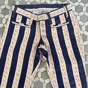 Vintage 1970s Pop Art Peace Toe Feet Love Tie Dye Flare Pants 70s 60s Hippie Groovy Novelty Print Blue White Trousers Psychedelic 60s