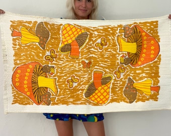Vintage 1970s Merry Mushroom Rug Tapestry Wall Art // Orange Yellow White Mat // Large Big Groovy Hippie Psychedelic Home Decor