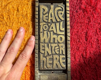 Vintage Terra Sancta Guild Brass Door Knocker 1969 Peace to All Who Enter Here Groovy Hippie Home Decor Doorbell 70s 60s 1970s