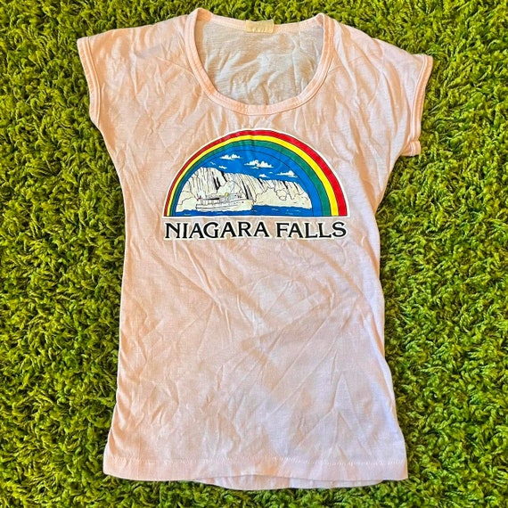 Vintage 1970s Baby Pink Niagara Falls Rainbow Tee… - image 5