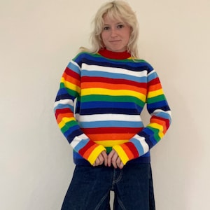 Vintage 1970s 80s Colorful Rainbow Pullover Sweater // Acrylic Ski Winter Groovy Colorful Long Sleeved Knit