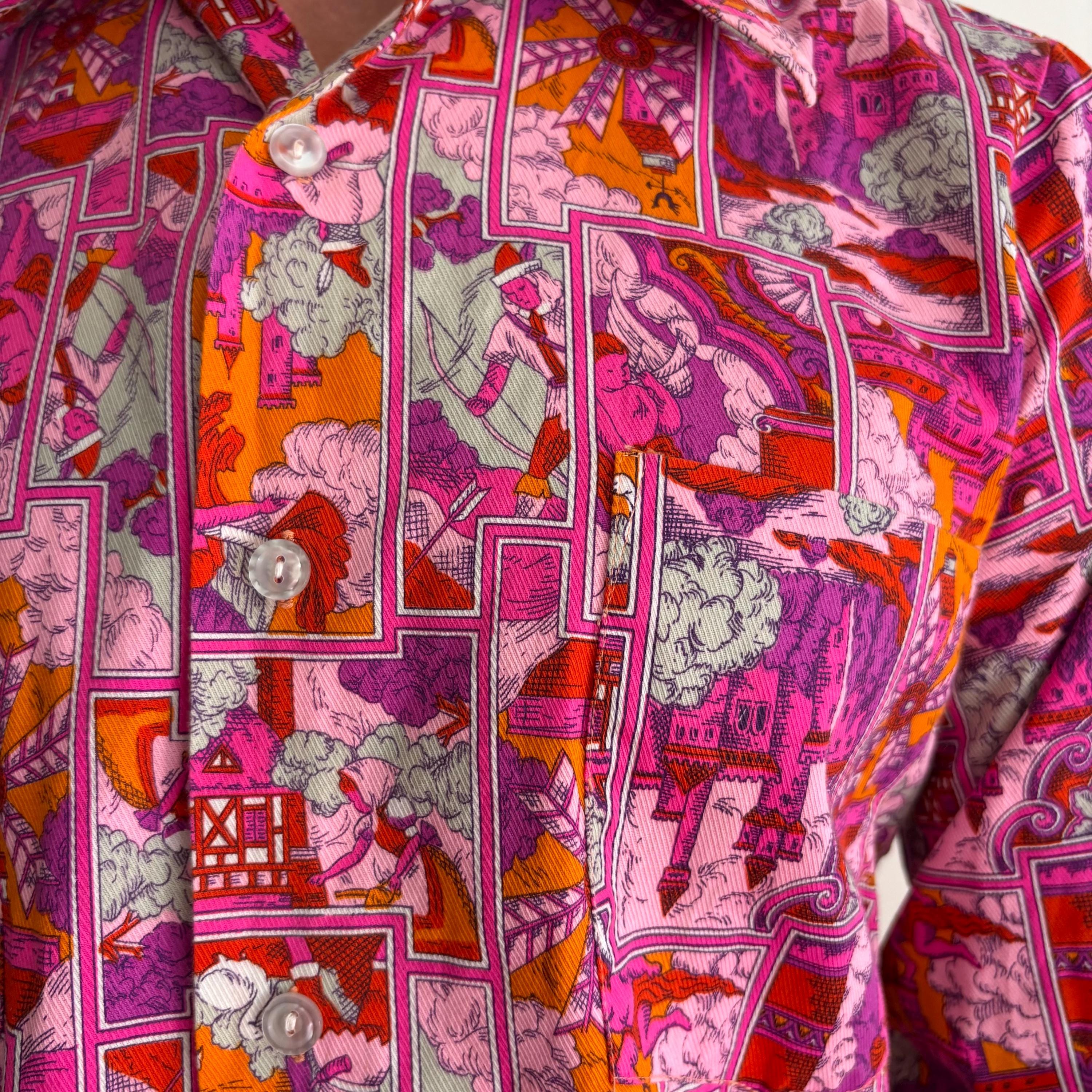 Vintage 1970s Pink Orange Renaissance Shirt Top Button Down Short