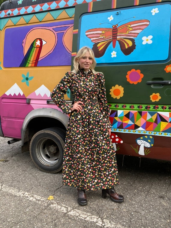 Vintage 1970s Black Floral Maxi Prairie Dress