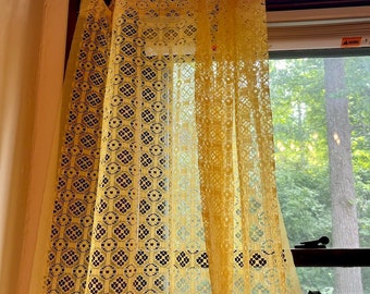 Vintage 1970s Light Yellow Sheer Net Curtains Curtain Panels Drapes Deadstock Lace Groovy Hippie 70s 60s 1960s
