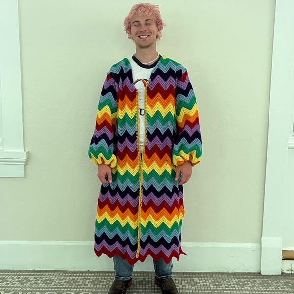 Upcycled Vintage Afghan Sweater Duster Zigzag Chevron Rainbow Colorful 70s 1970s Hippie Groovy Balloon Sleeve Crochet Jacket Wool