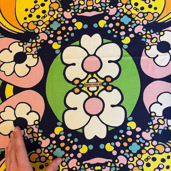 Vintage 1970s Peter Max Blue Floral Abstract Bedspread Novelty