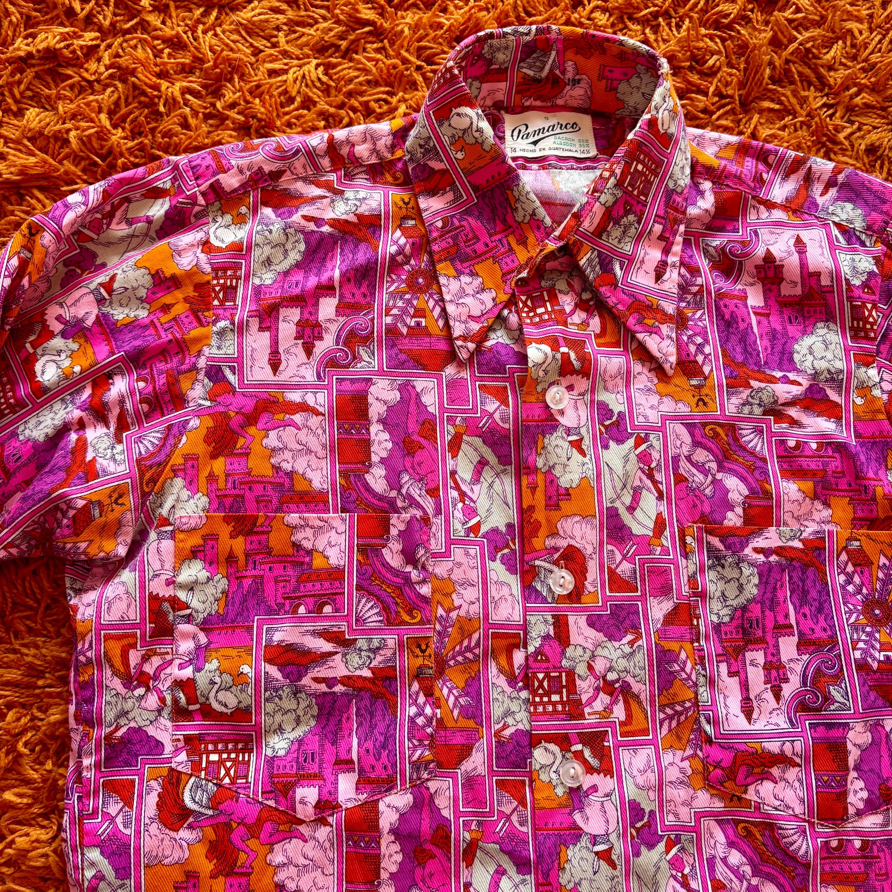 Vintage 1970s Pink Orange Renaissance Shirt Top Button Down Short