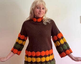 Vintage 1970s Green Brown Orange Gold Tufted Acrylic Pullover Sweater Olive Geometric Groovy 70s Hippie 60s 1960s Top Marsina style mod mock