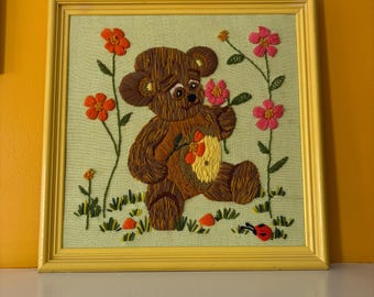 Vintage Teddy Bear Crewel Framed Wall Art // Embroidery Embroidered Brown Teddy Bear Groovy Hippie Animal 70s Needlepoint
