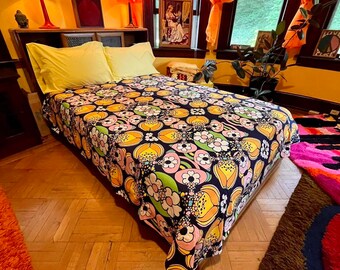 Vintage 1970s Peter Max Blue Floral Abstract Bedspread