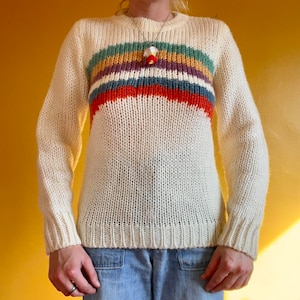 Vintage 1970s 80s Pastel Rainbow Pullover Sweater // Small Medium  // Acrylic Ski Winter Groovy Colorful White Cream Long Sleeved Knit