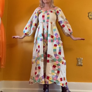 Upcycled Rainbow White Puff Sleeve Quilt Top Midi Maxi Dress 70s Groovy Hippie Colorful Dress Smocked Shirred Small 60s 1970s Wedding Ring