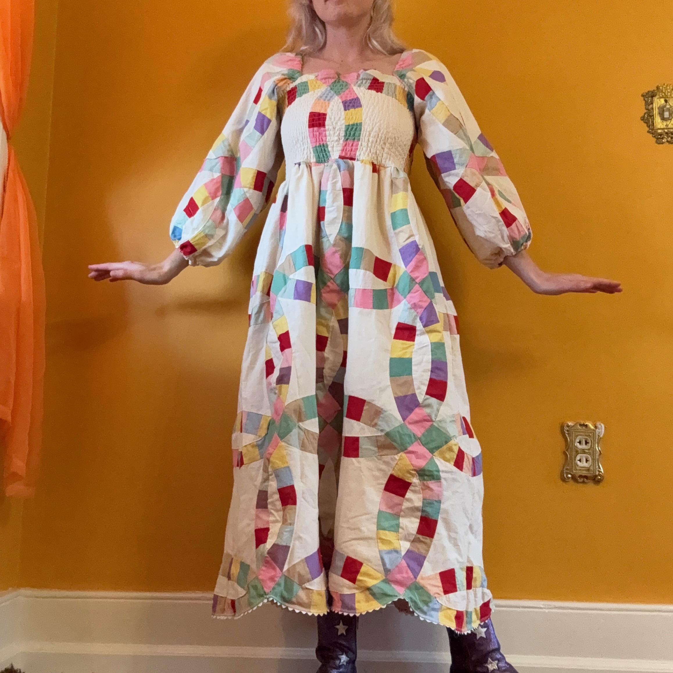 Upcycled Rainbow White Puff Sleeve Quilt Top Midi Maxi Dress 70s Groovy Hippie Colorful Dress Smocked Shirred Small 60s 1970s Wedding Ring