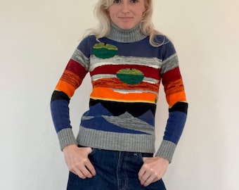 Vintage 80s Rainbow Eclipse Striped Shirt Top Sweater Pullover Knit Fun Colorful 1980s 70s Hippie Groovy Fun Rare Pop Art Blouse Shirt