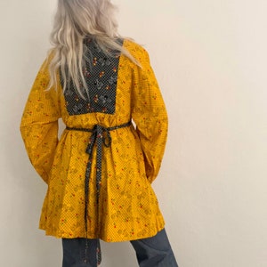 Vintage 1970s Blue Yellow Cherry Novelty Print Mini Dress Tunic Kaftan Tie Waist Small Medium Hippie Groovy 70s 60s 1960s Pop Art