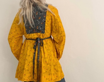 Vintage 1970s Blue Yellow Cherry Novelty Print Mini Dress Tunic Kaftan Tie Waist Small Medium Hippie Groovy 70s 60s 1960s Pop Art