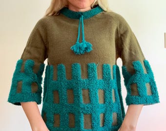 Vintage 1970s Green Blue Tufted Wool Pullover Sweater Olive Geometric Groovy 70s Hippie 60s 1960s Top small Marsina style mod