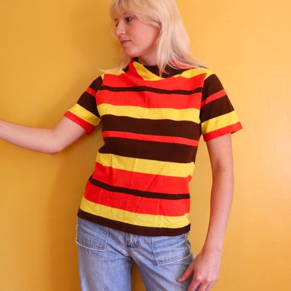 Vintage 1970s Yellow Red Brown Stripe Short Sleev… - image 3