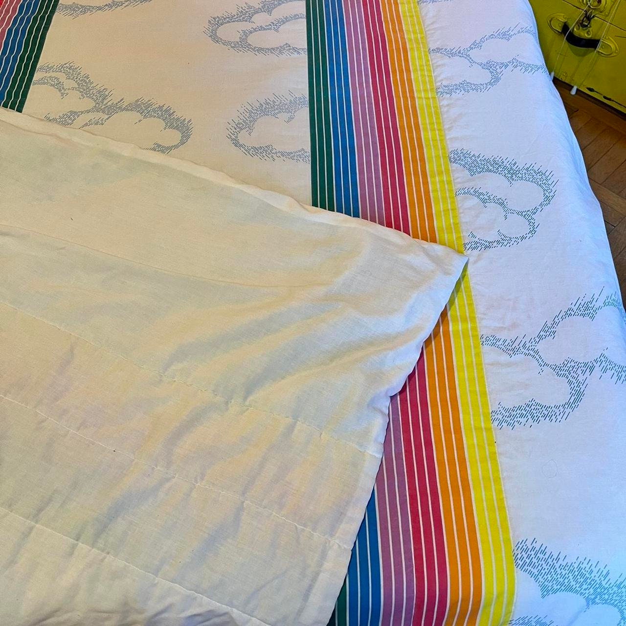 Vintage 80s Blanket Rainbows Clouds Rare Coverlet All Over Print