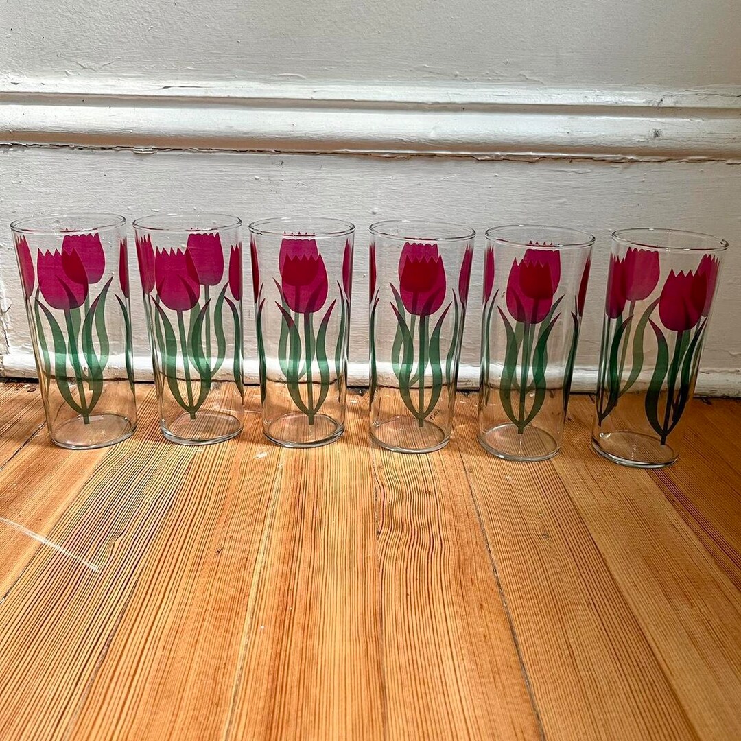 Vintage Pink Green Tulip Drinking Glasses Set of 6 // 70s Etsy