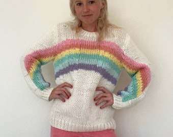 Vintage 1970s 80s Pastel Rainbow Pullover Sweater // Small Medium  // Acrylic Ski Winter Groovy Colorful White Cream Long Sleeved Knit