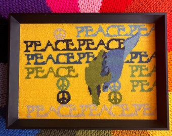 Vintage 1970s Peace Sign Dove Crewel Needlepoint Framed Wall Art Yellow Green Blue // 70s Colorful Groovy Hippie Crewel Embroidery 60s