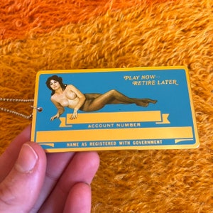 Vintage 1970s Naked Lady Metal ID Card Necklace // Blue Gold Play Now Retire Later Pinup Girl Girlie Playboy