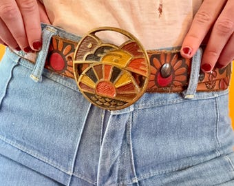 Vintage 70\'s Belt Buckle Solid Brass Tree of Life Sunrise Boho Hippie Art Brass Brutalist Tree Life Boho Hippie Hippy Handmade 70s  main image 4