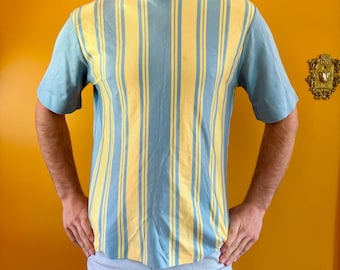 Vintage 1970s Men's Blue and Yellow Striped Pullover Top Shirt Short Sleeve 60s Groovy Hippie Men O Ring  70s Disco Polyester Crew Neck
