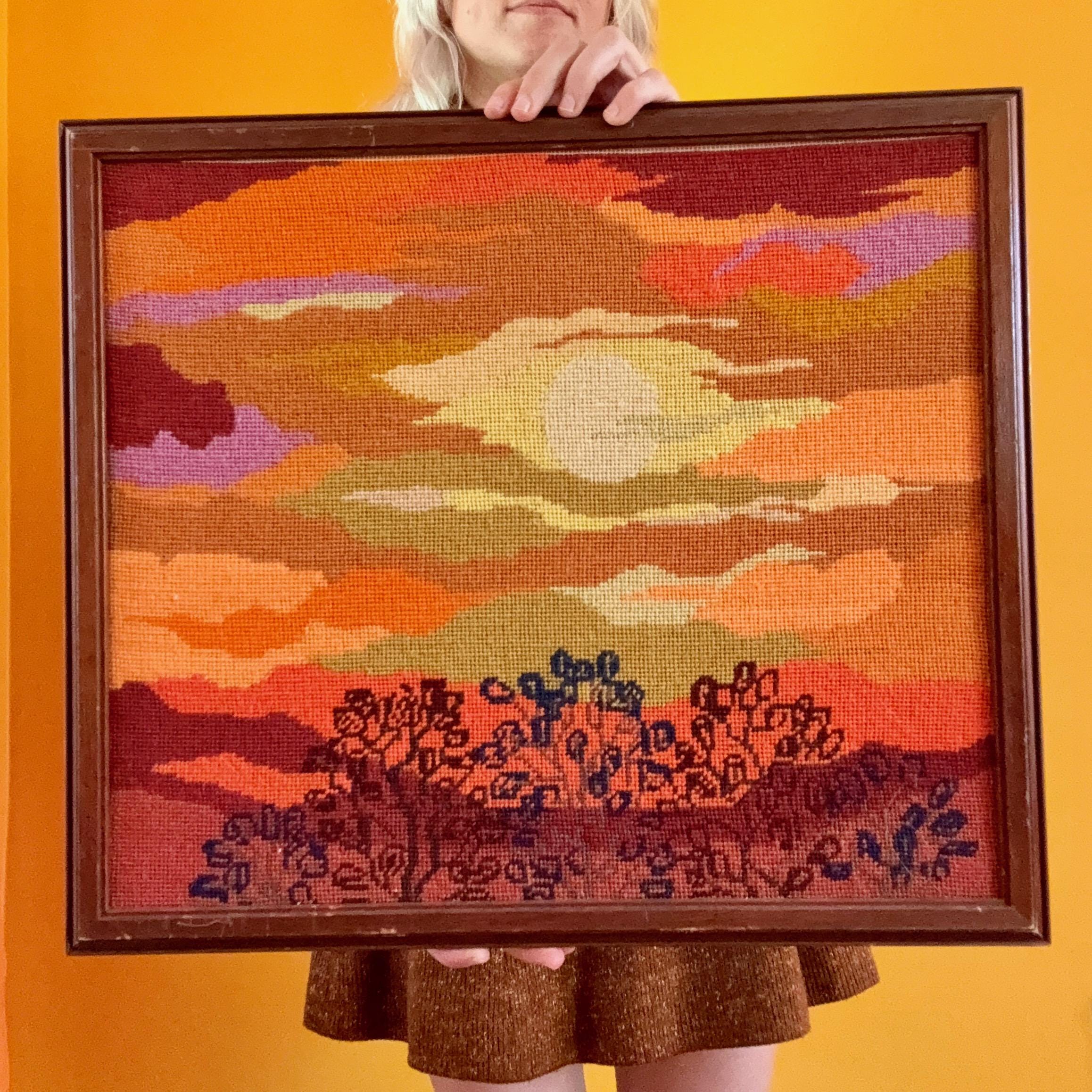 希少1960-70s ミッドセンチュリー コンキスタドール レリーフアート Vintage 1970s Orange Sunset Landscape Crewel Wall Art Framed