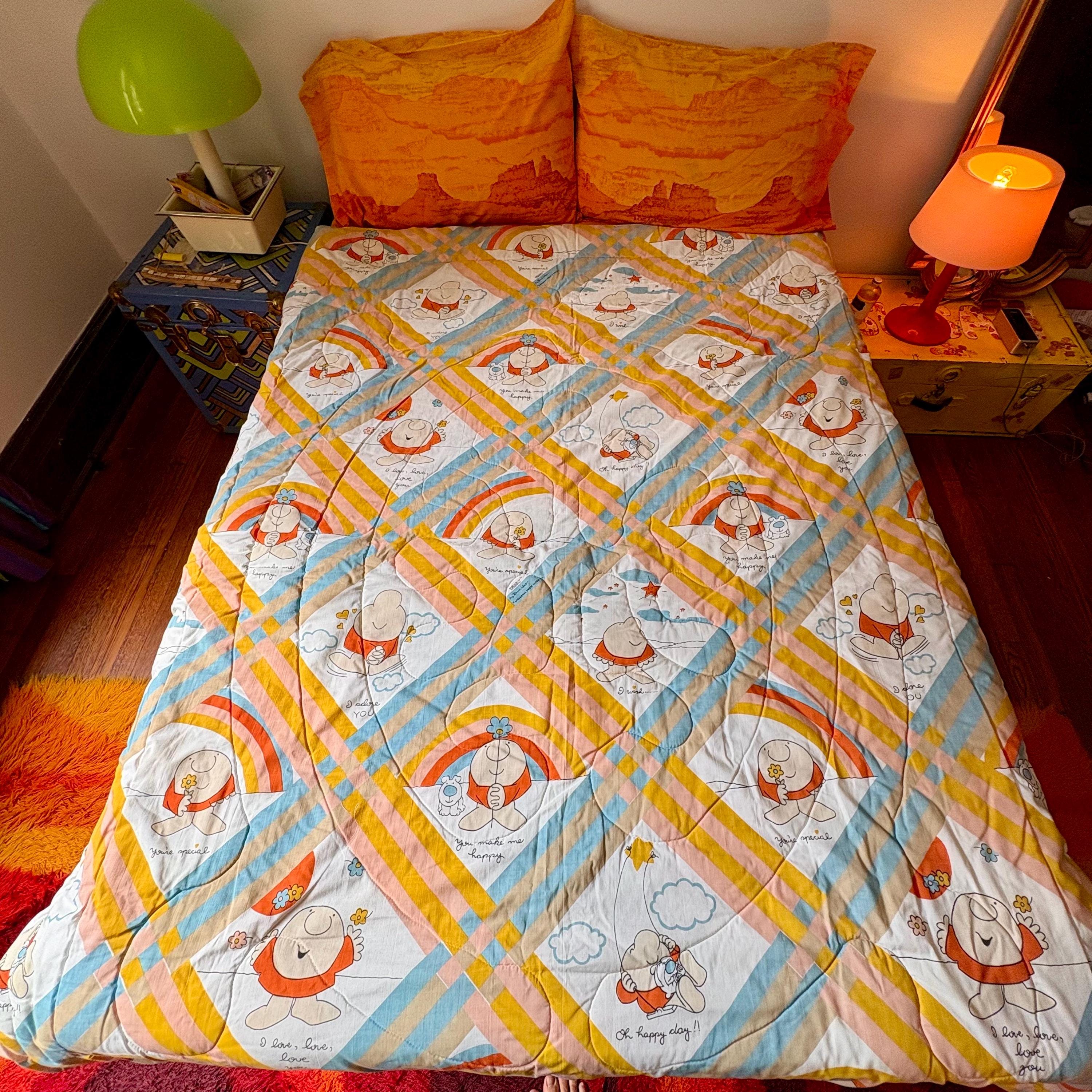 Vintage 80s Ziggy Rainbow Comforter Bedspread // 70s Hippie Groovy