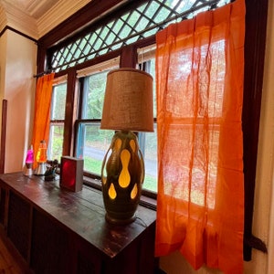 Vintage 1970s Orange Groovy Pinch Pleat Curtains Set of 2 Panels // Drapes 70s 60s 1960s Hippie Sheer See Through Mesh Bright